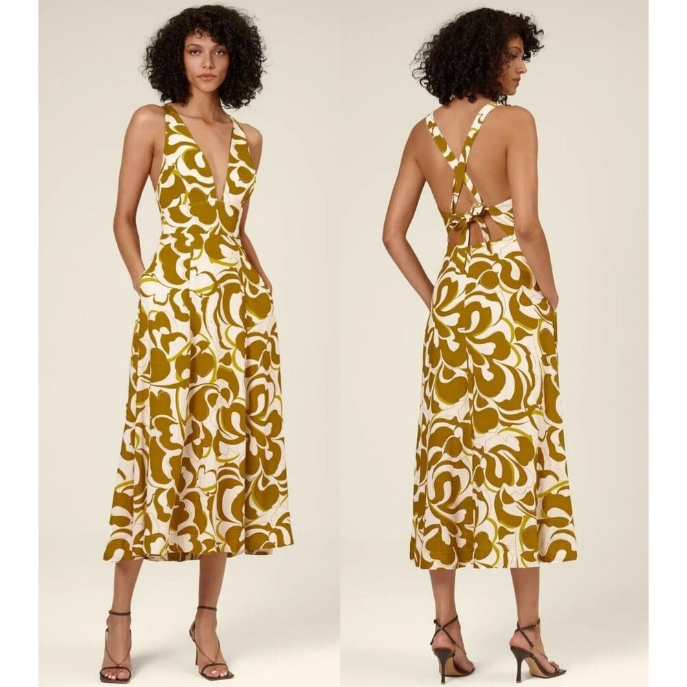 Nicholas Linen Blend Abstract Print Halter Midi Dress Citron Yellow Size US 6
